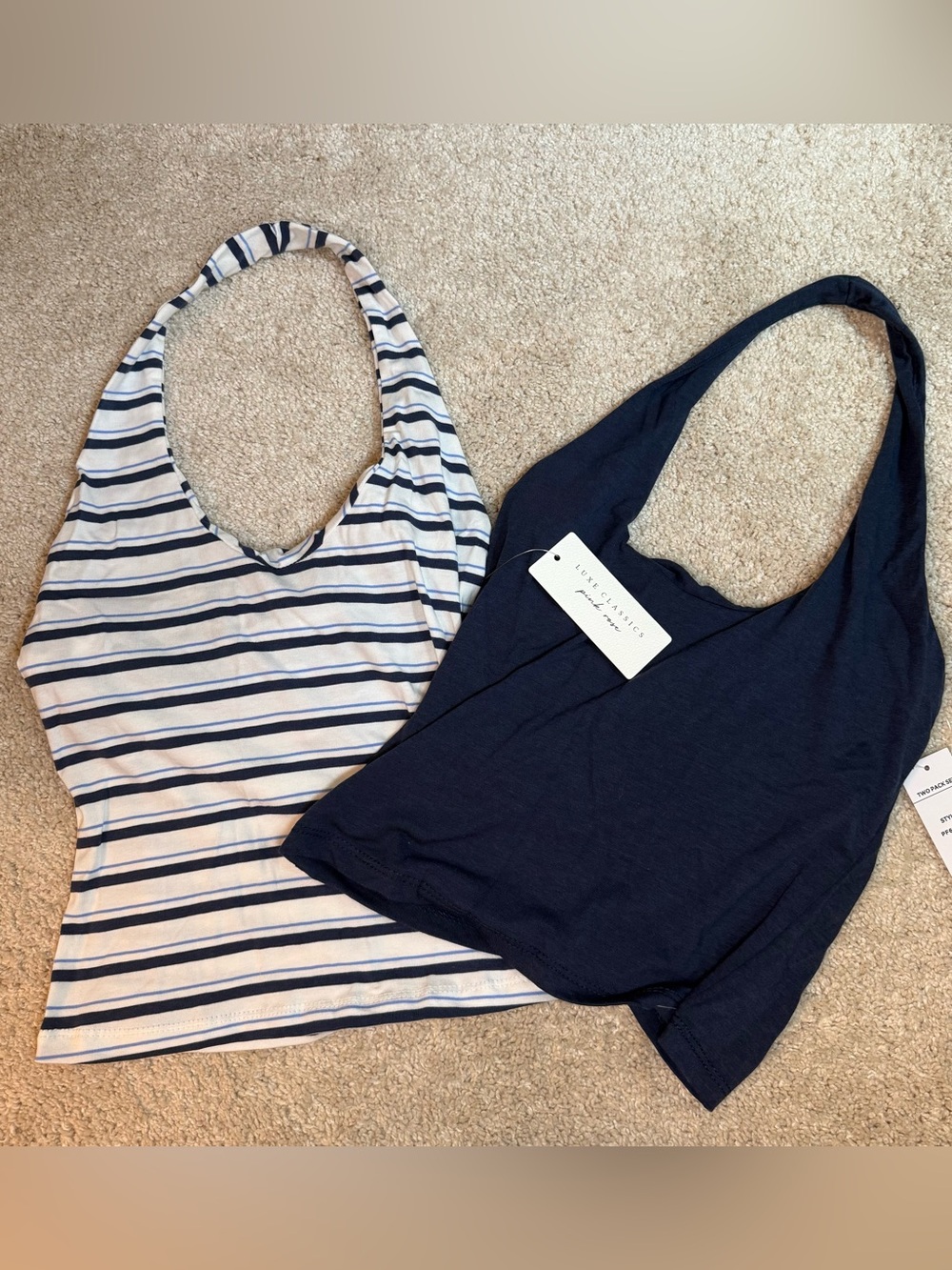 Pack of 2: Pink Rose Navy and Striped Halter Tank Tops
